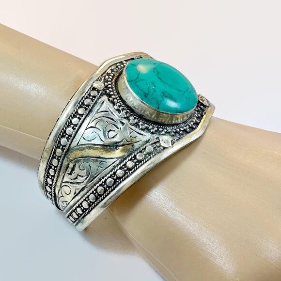 Vintage Kuchi Cuff Bracelet: Afghan Tribal Jewelry, Green Jasper Composite - Picture 2 of 5